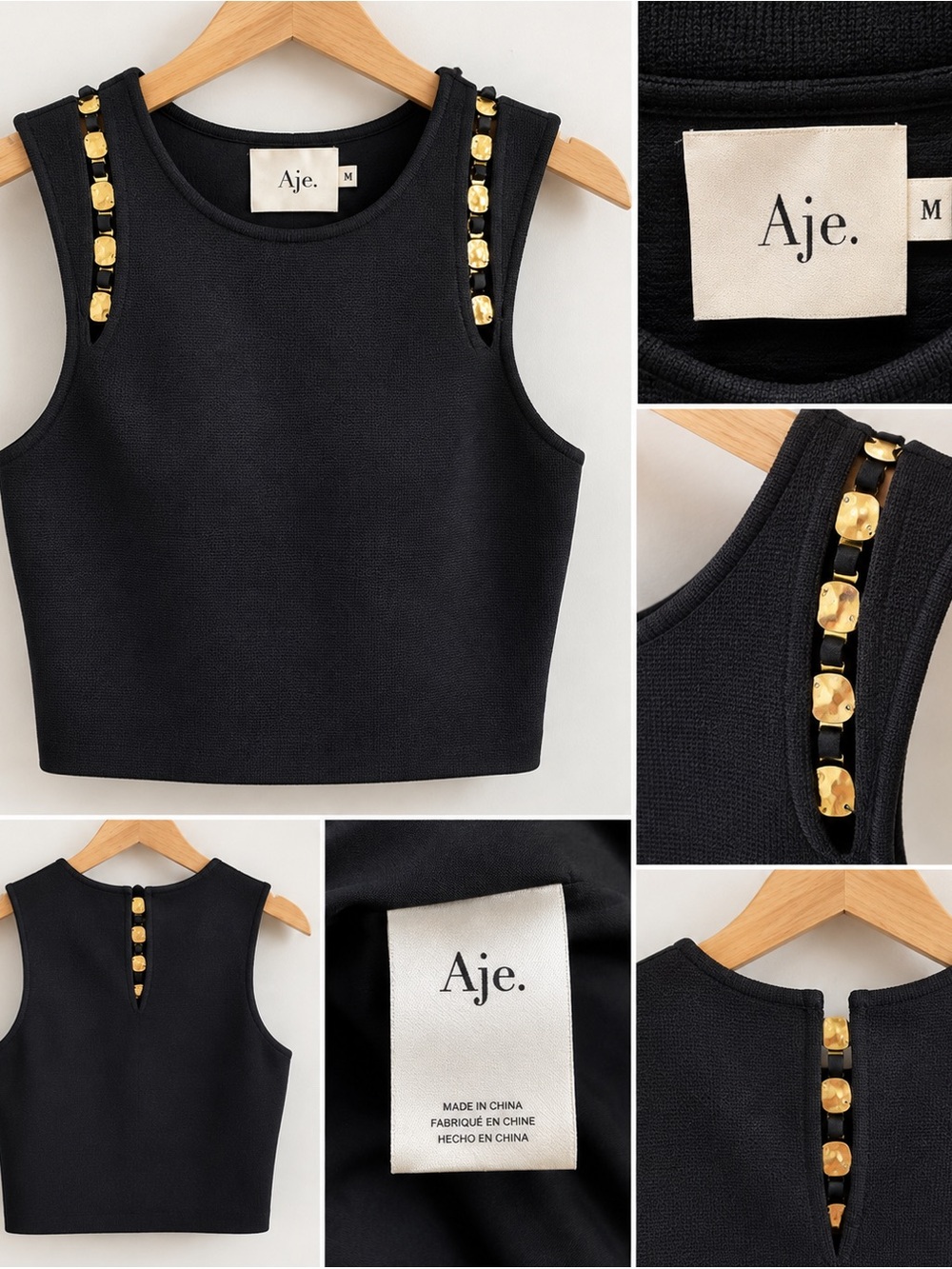 NWOT Aje Black Cropped Tank with Gold Embellished Straps